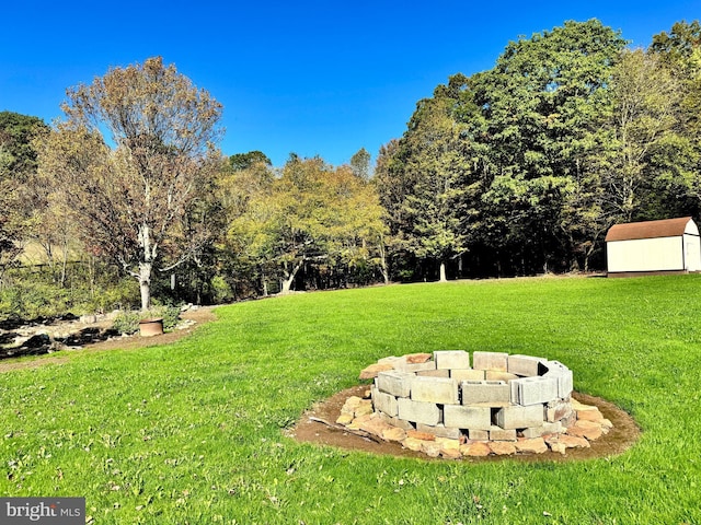 view of yard with a storage shed, an outdoor fire pit, and an outdoor structure