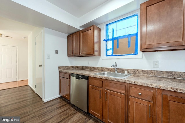 kitchen featuring stainless steel dishwasher, dark wood-type flooring, and sink