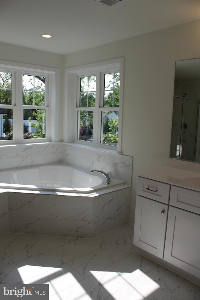 bathroom with vanity and separate shower and tub