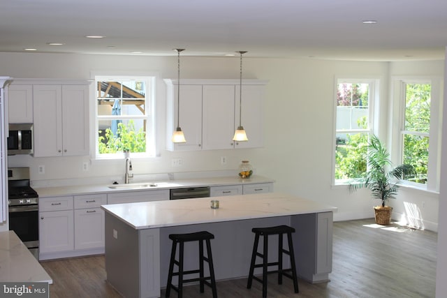 kitchen featuring sink, white cabinets, appliances with stainless steel finishes, decorative light fixtures, and dark hardwood / wood-style flooring