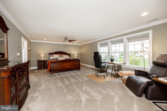 bedroom with light carpet, ornamental molding, and ceiling fan