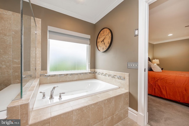 bathroom featuring independent shower and bath and crown molding