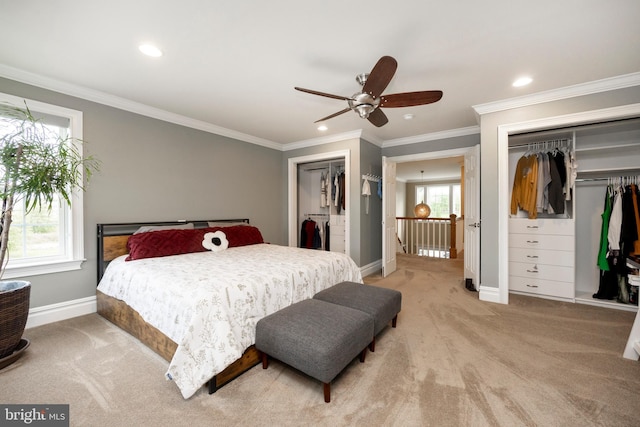 carpeted bedroom with ceiling fan, two closets, ornamental molding, and multiple windows