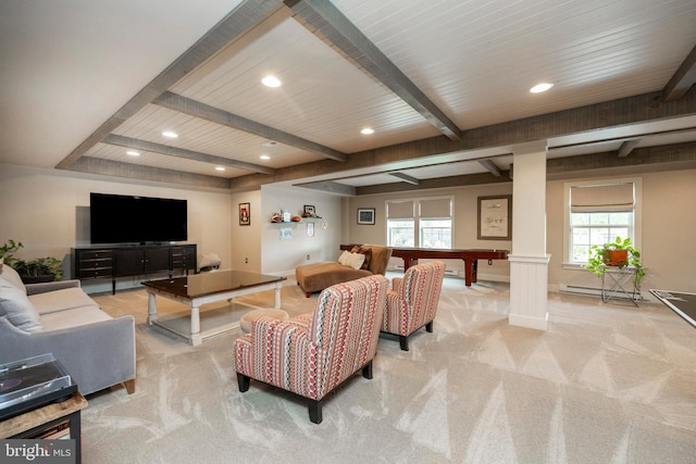 carpeted living room featuring wood ceiling, decorative columns, beamed ceiling, and billiards