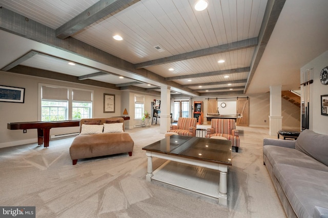 living room featuring light carpet, wood ceiling, a baseboard radiator, and beamed ceiling