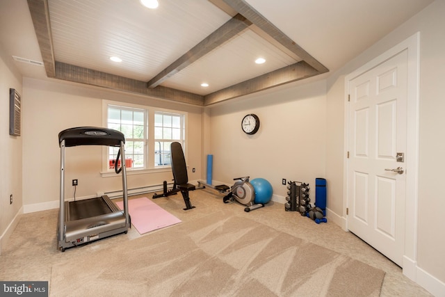 workout room featuring carpet floors and a baseboard radiator