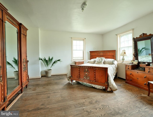 bedroom featuring multiple windows, radiator, and dark wood-type flooring