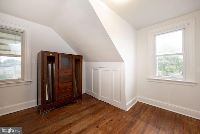 additional living space featuring vaulted ceiling and dark hardwood / wood-style flooring