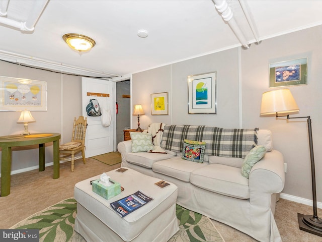 living room with light colored carpet and ornamental molding