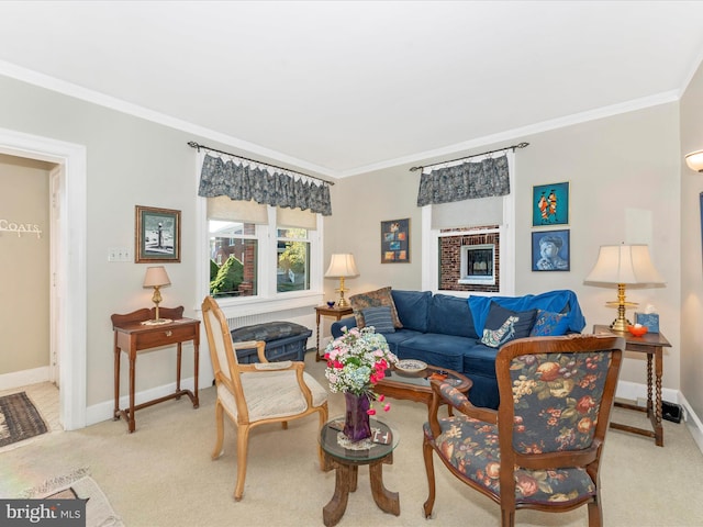 carpeted living room with a brick fireplace and crown molding