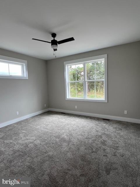 carpeted spare room with ceiling fan