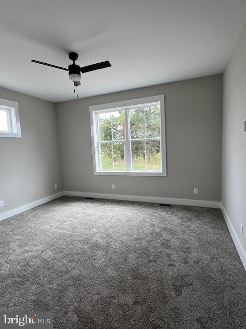 spare room with ceiling fan and carpet flooring