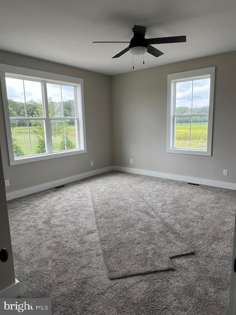 empty room featuring ceiling fan and carpet flooring