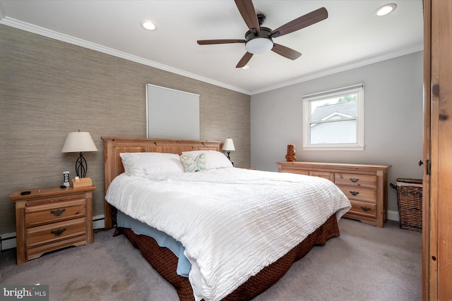 bedroom featuring a baseboard radiator, ornamental molding, light colored carpet, and ceiling fan