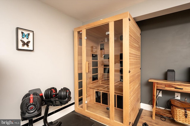 view of sauna featuring wood finished floors
