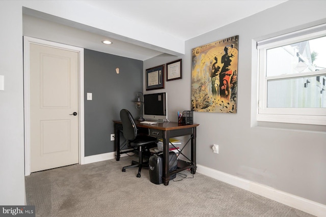 home office with baseboards, carpet, and recessed lighting