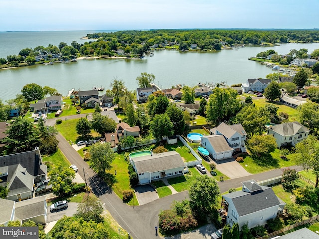bird's eye view with a residential view and a water view