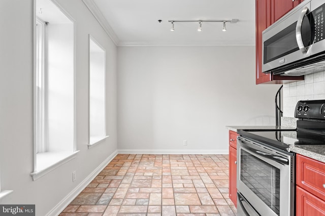 kitchen with stainless steel appliances, ornamental molding, and tasteful backsplash