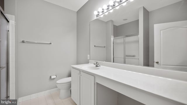 bathroom with tile patterned flooring, vanity, toilet, and a shower with door