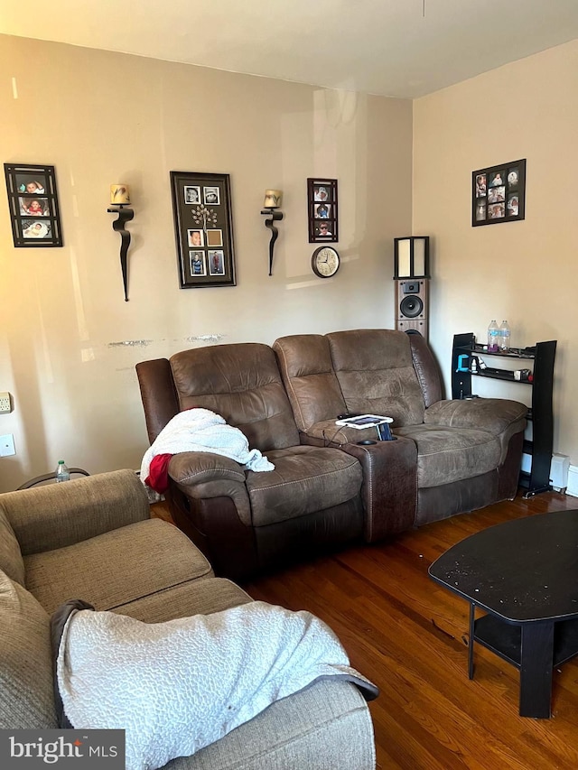 living room with dark hardwood / wood-style flooring