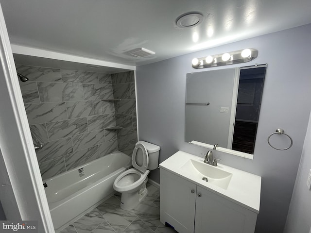 full bath with vanity, toilet, marble finish floor, visible vents, and shower / tub combination