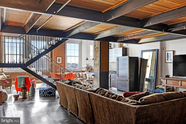 living room with wood ceiling