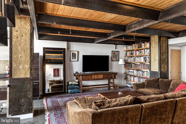 living room with wooden ceiling and beam ceiling