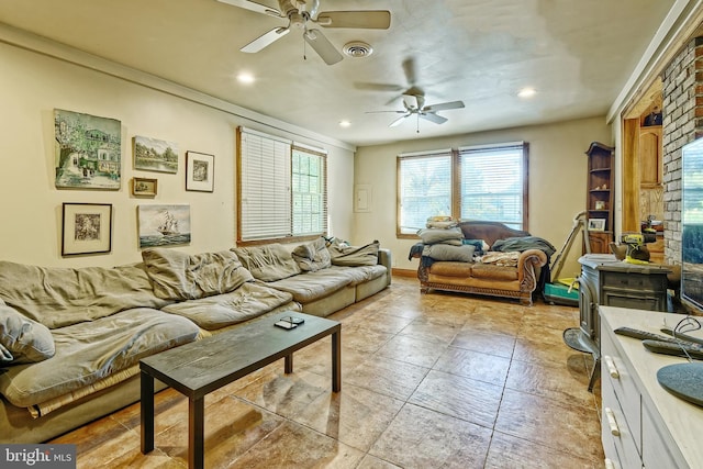 living room featuring ceiling fan