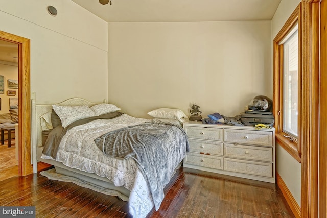 bedroom with multiple windows and dark hardwood / wood-style floors