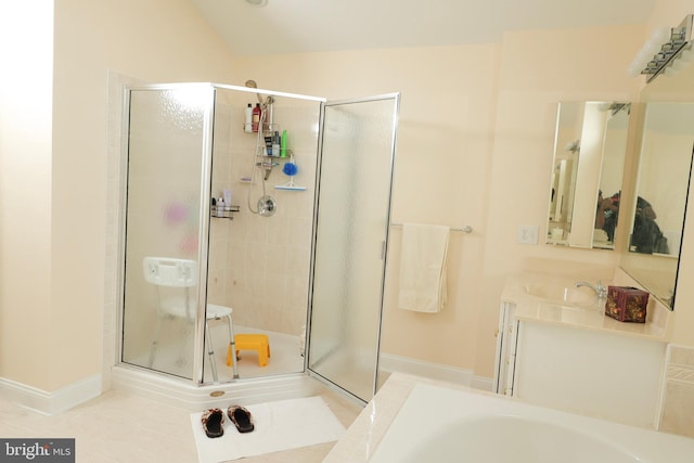 bathroom with independent shower and bath, vaulted ceiling, sink, and tile patterned floors