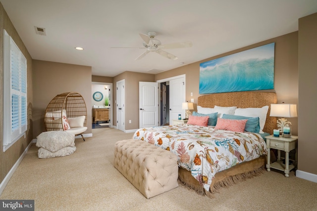 carpeted bedroom with ceiling fan