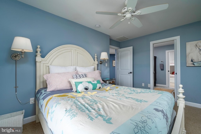 bedroom with ceiling fan and carpet floors