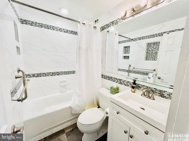 full bathroom with shower / tub combo, decorative backsplash, vanity, toilet, and tile patterned floors