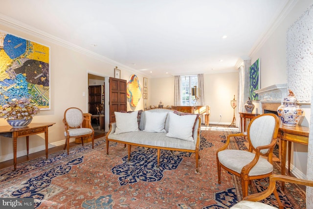 living room with ornamental molding