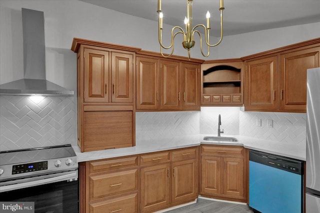 kitchen with wall chimney exhaust hood, stainless steel appliances, decorative backsplash, and sink