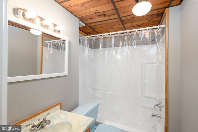 full bathroom with shower / bath combination with curtain, vanity, wood ceiling, and toilet