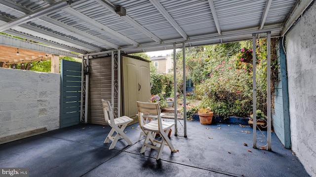 view of patio / terrace featuring a storage shed