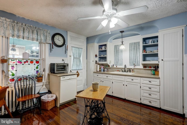 kitchen with white cabinets, ceiling fan, dark wood-type flooring, and sink