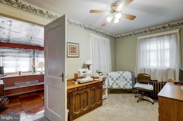 carpeted office featuring ceiling fan and radiator