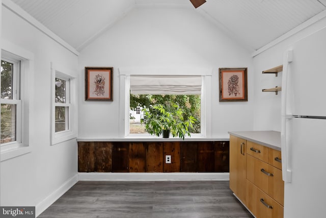 kitchen featuring white refrigerator, lofted ceiling with beams, and a wealth of natural light