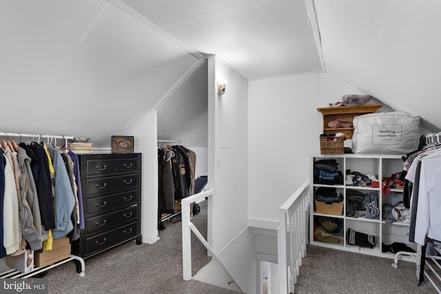 spacious closet with vaulted ceiling and carpet