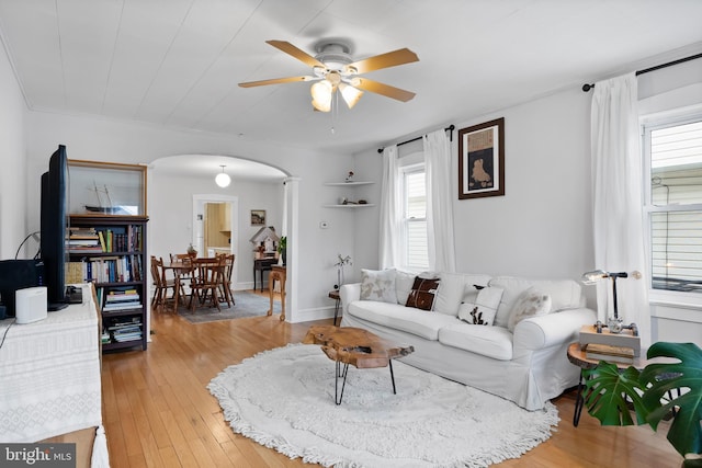 living room with ornamental molding, ceiling fan, and light hardwood / wood-style flooring