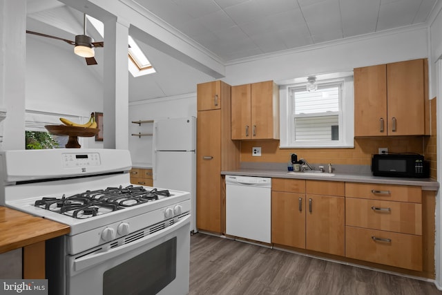 kitchen with white appliances, ceiling fan, a skylight, dark hardwood / wood-style floors, and sink