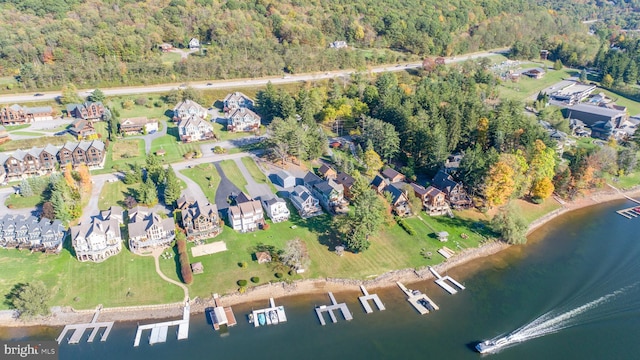 aerial view featuring a water view