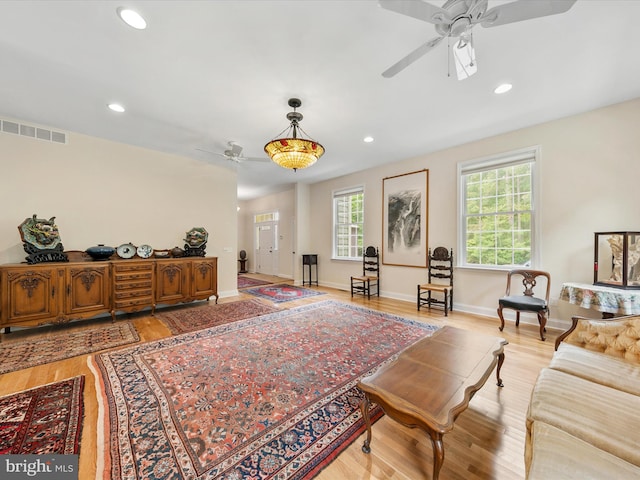 living room featuring ceiling fan and light wood-type flooring