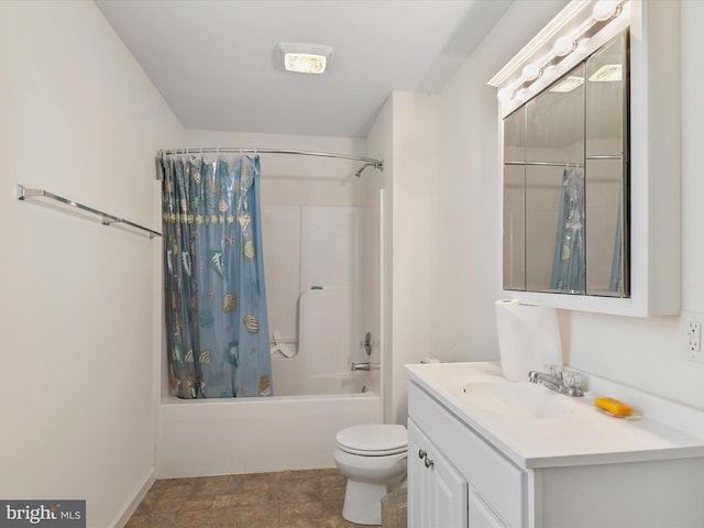 full bathroom with toilet, vanity, and shower / tub combo with curtain