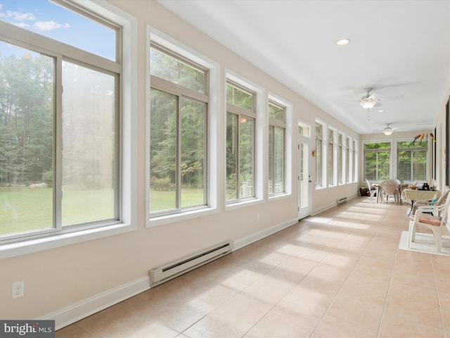 unfurnished sunroom featuring ceiling fan, a wealth of natural light, and a baseboard heating unit