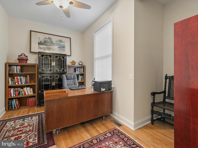 office space with ceiling fan and hardwood / wood-style floors