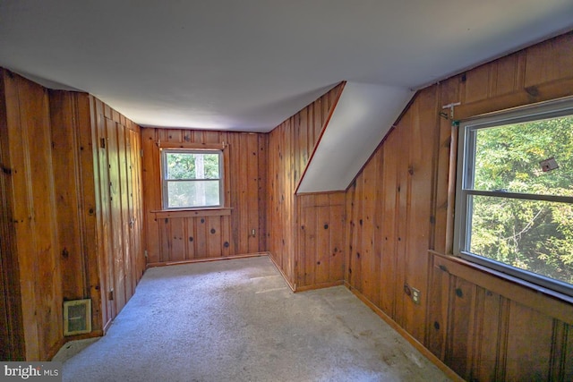 additional living space featuring light colored carpet and wood walls