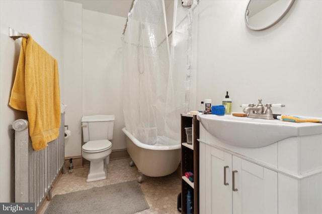 full bathroom with independent shower and bath, radiator heating unit, vanity, and toilet